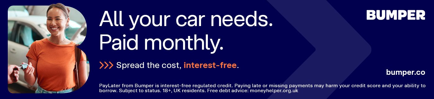 Woman smiling while holding a cup; text about interest-free car payment options by Bumper.