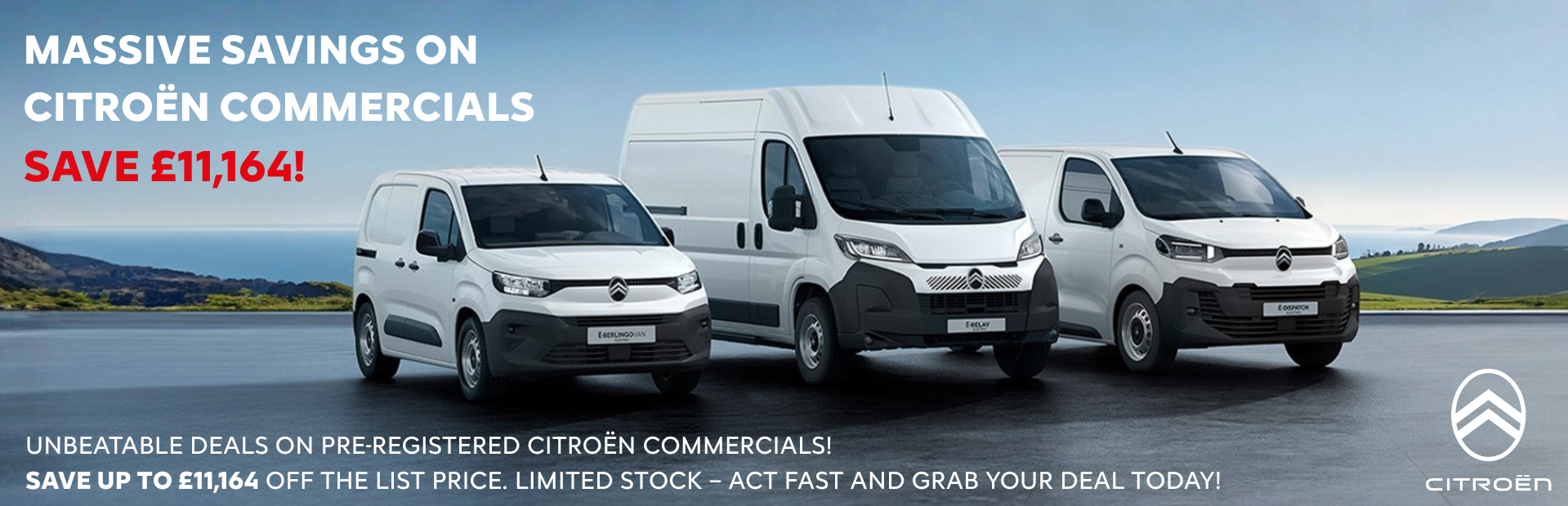 Citroën commercial vehicles with promotional text about savings and pre-registered deals.