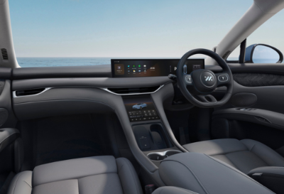 Luxury car interior with sleek dashboard, digital screens, and modern steering wheel.
