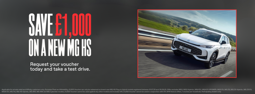 Save £1,000 on a new MG HS. Image: White MG HS driving on a road.